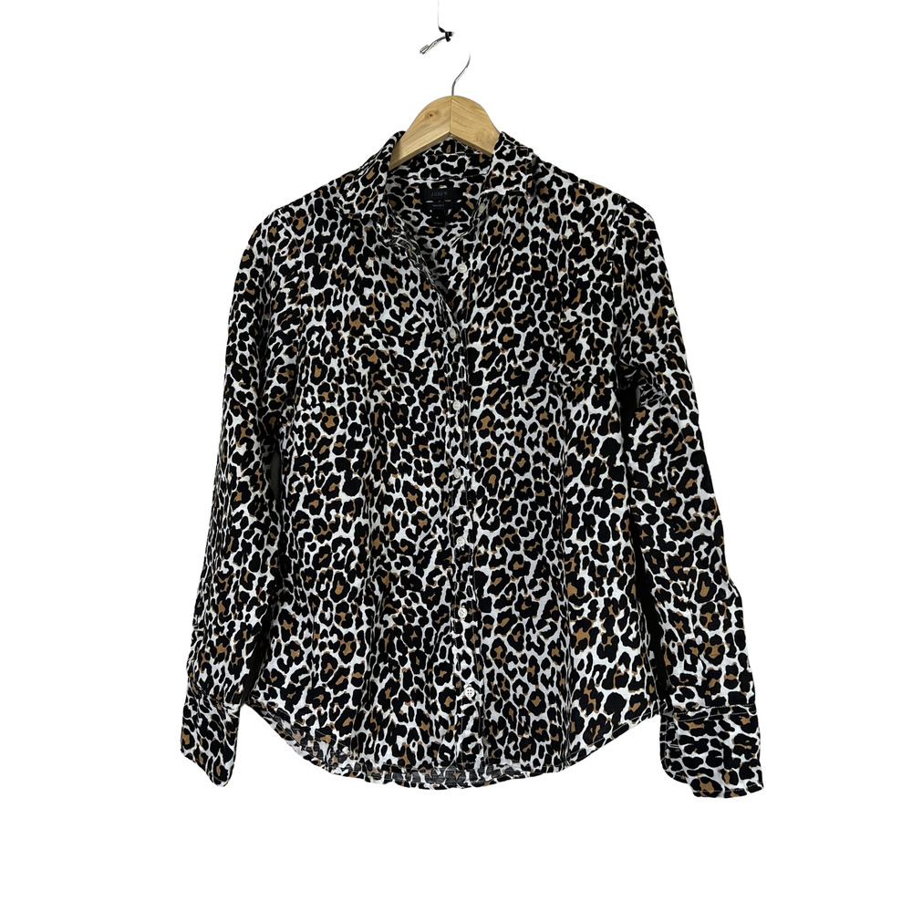 J. CREW Women's Slim Perfect Shirt Leopard Print Linen Blend 6